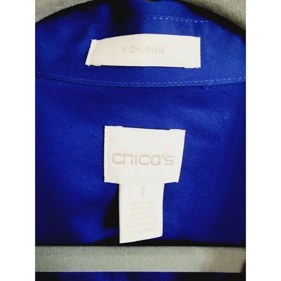 Chico's 1 No‎ Iron Top Blouse Button Front Royal Blue Long Sleeve Cotton Medium - Picture 3 of 7